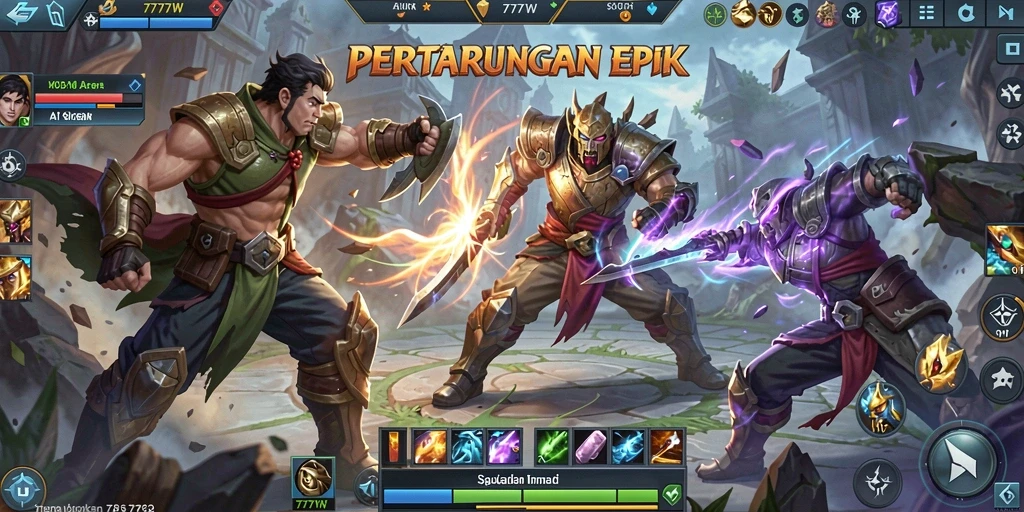 Screenshot gameplay 7777W menampilkan aksi seru di arena MOBA.