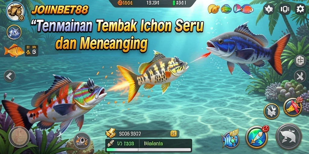 Tampilan gameplay seru dari JOINBET88 dalam menembak ikan berwarna-warni.