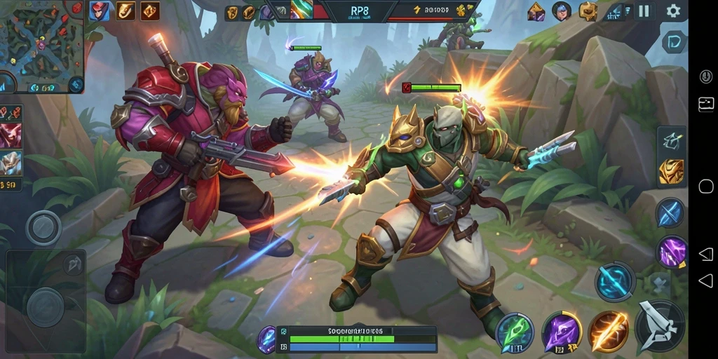 Gameplay seru RP8 dengan pertarungan MOBA yang intens.