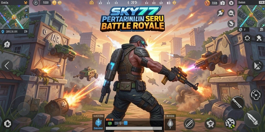 Tampilan gameplay SKY77 dengan pertarungan intens di arena Battle Royale.